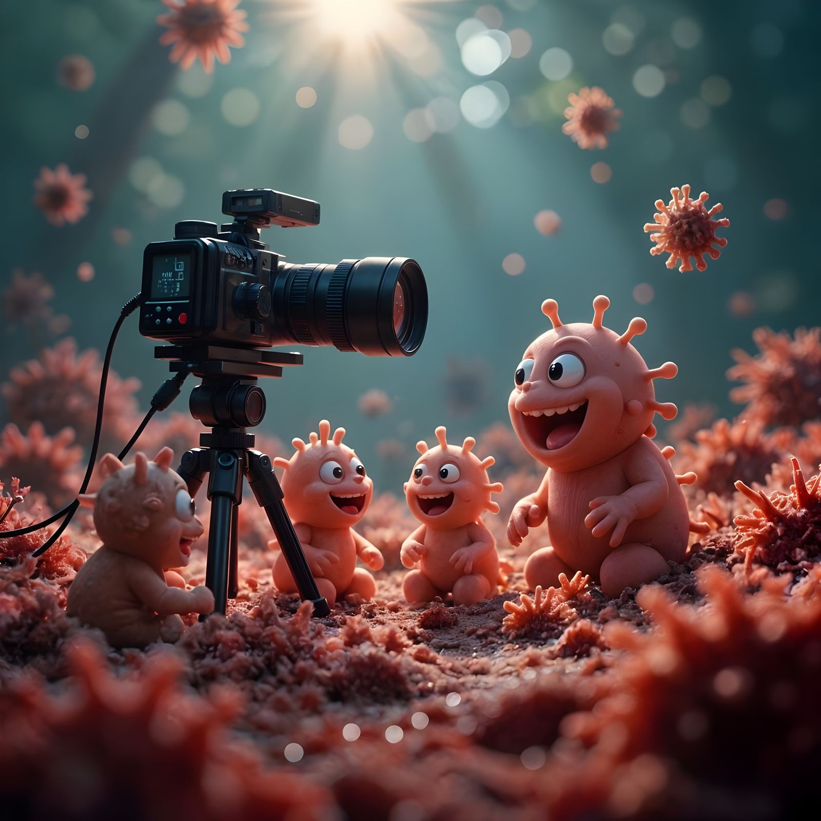 Happy Microbe Family in Blood: Cinematic Film Still