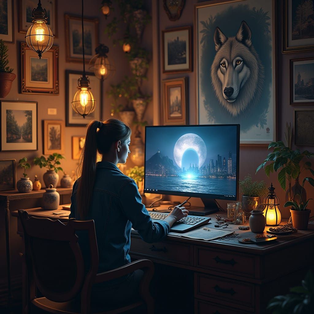 Mystical Fantasy Workspace in Warm, Atmospheric Lighting