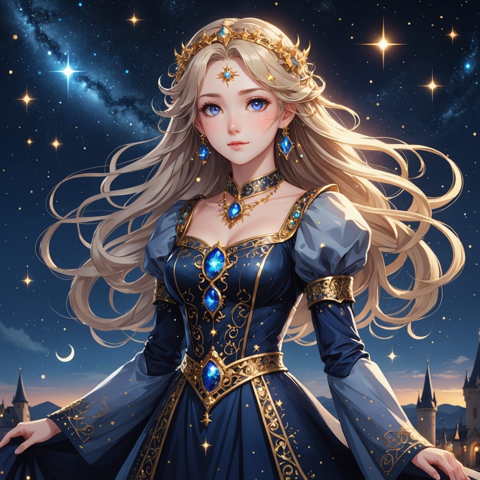 Anime Celestial Goddess in Sparkling Gown