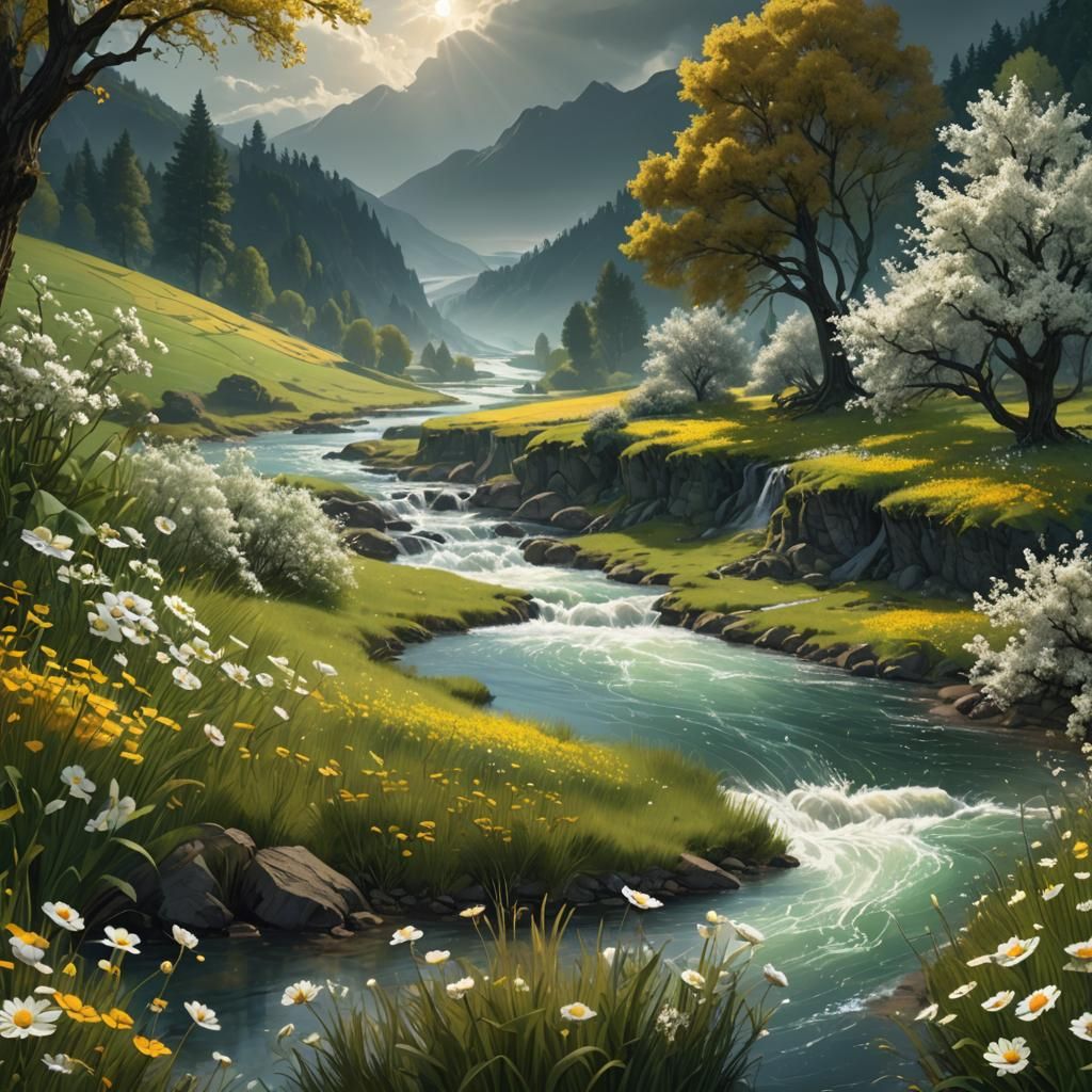 River Flowing Through Green Meadows: Fantasy Concept Art