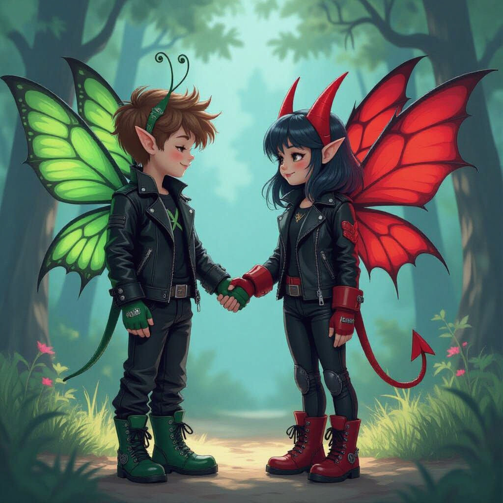 Fairy Boy and Demon Girl Share a Handshake in Neon Forest