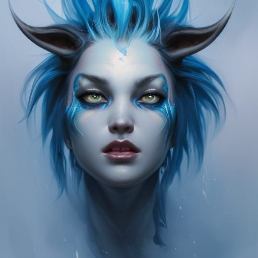 Blue-Haired Demon Girl Portrait in Artstation Style