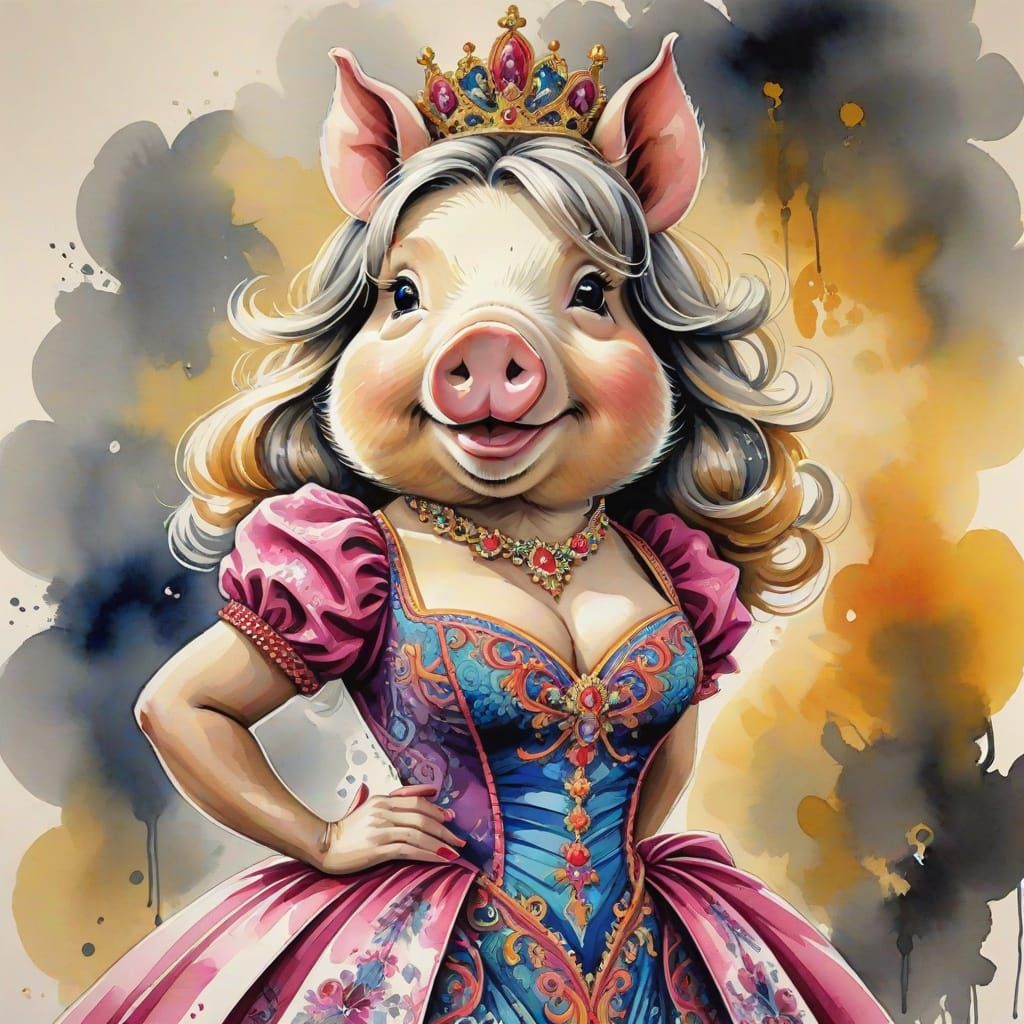 Missy Piggy in Elaborate Gown as Ink Painting