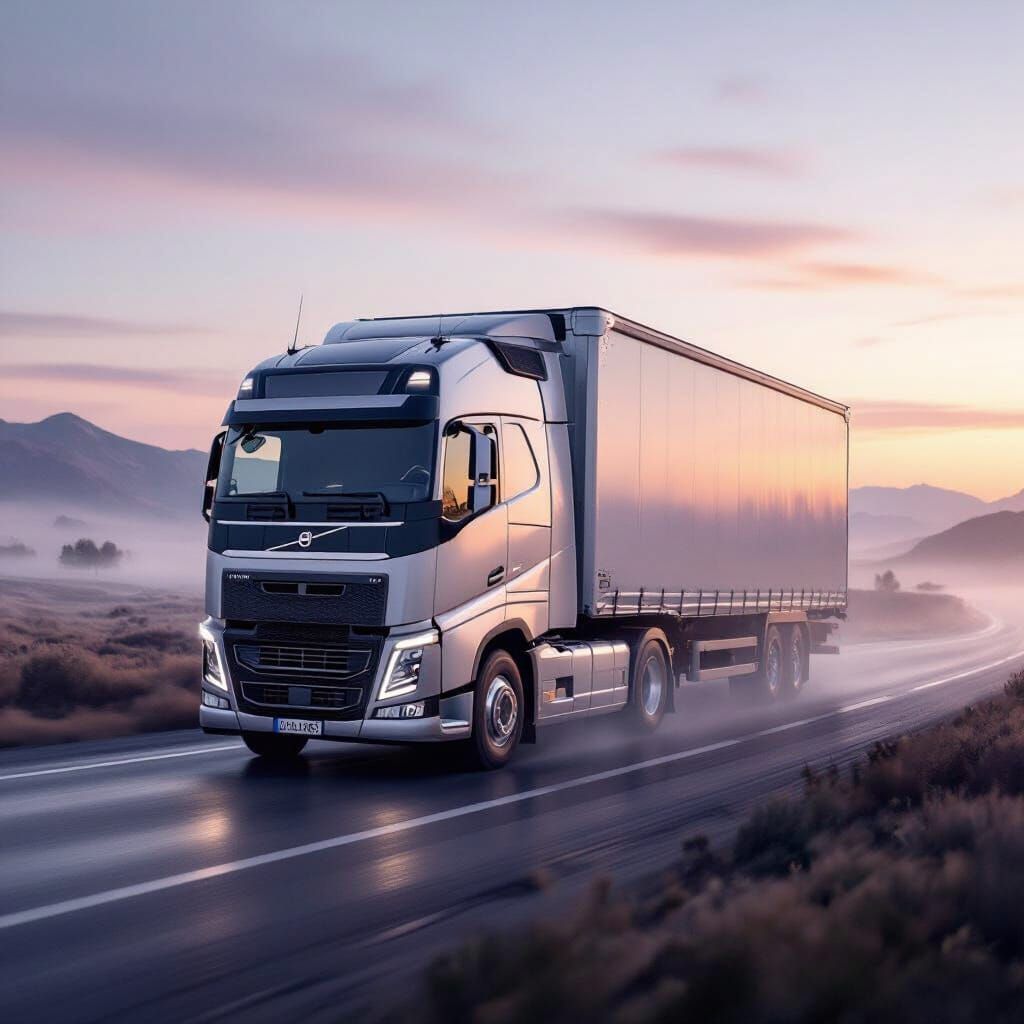 Silver Volvo FH Truck in Misty Landscape with Bordeaux Metal...