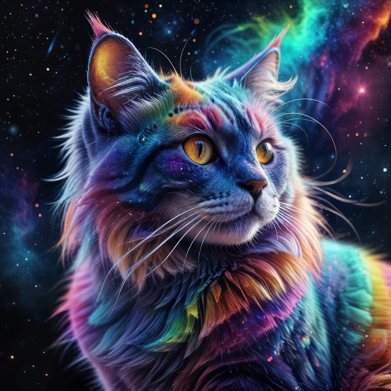 Rainbow Cat Amidst Stars and Nebulae