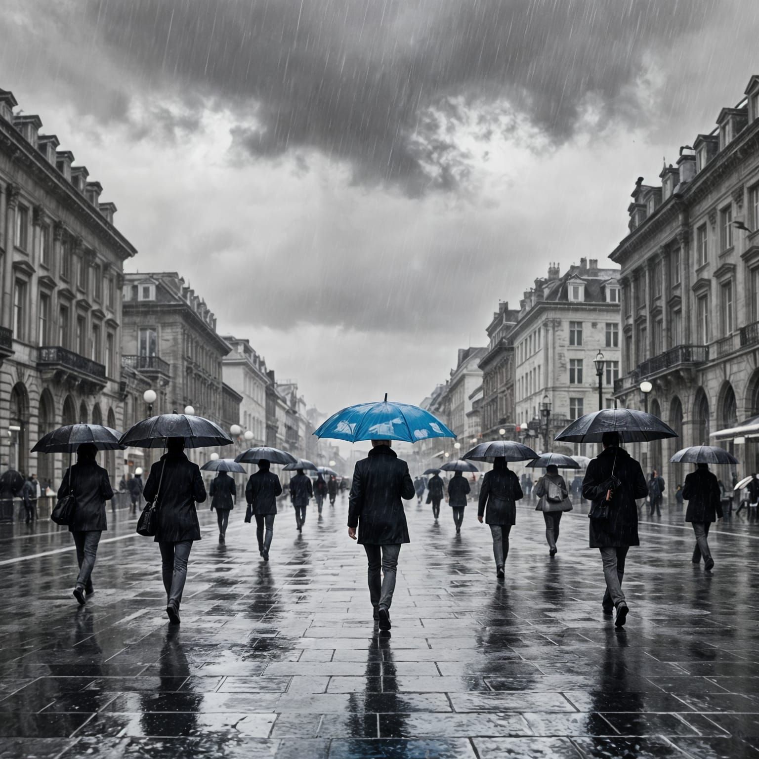 Rainy European City Square with Blue Umbrella