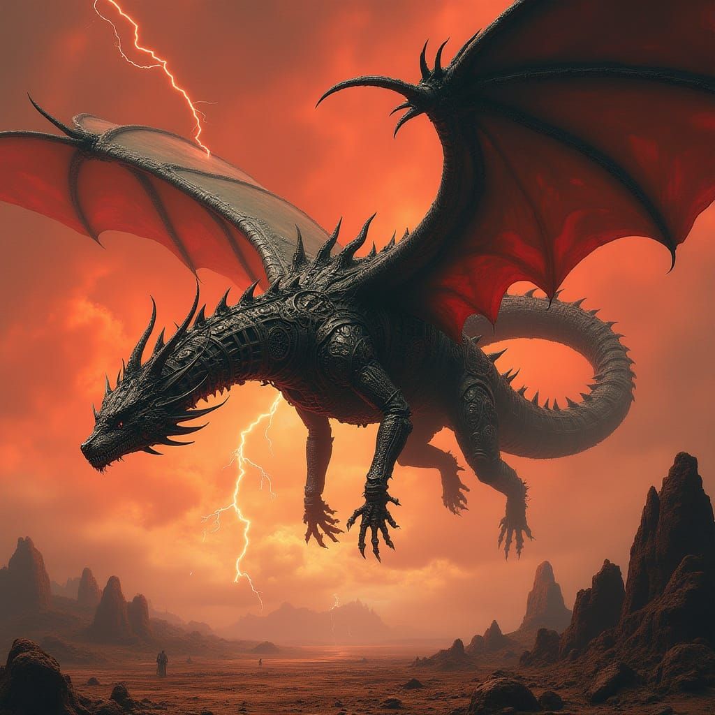 Biomechanical Dragon Soaring in Steampunk Landscape