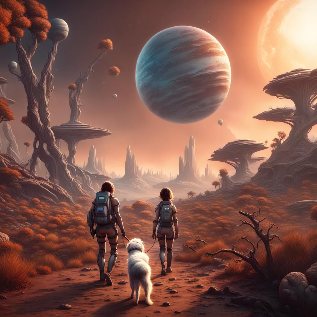 Alien Planet Scenery with Space Girl and Cyborg Dog
