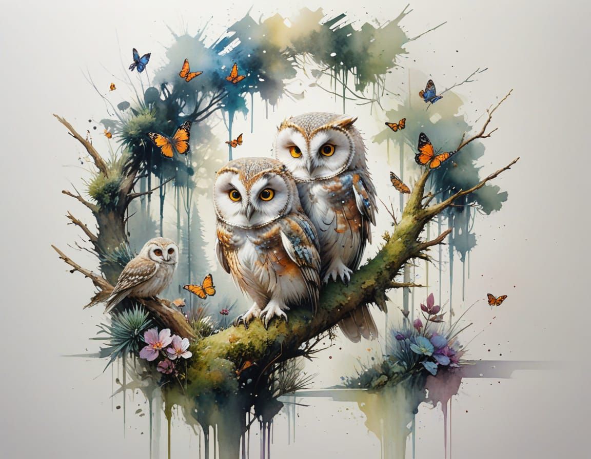 Wise Owlets on Mossy Branch in Watercolor Garden