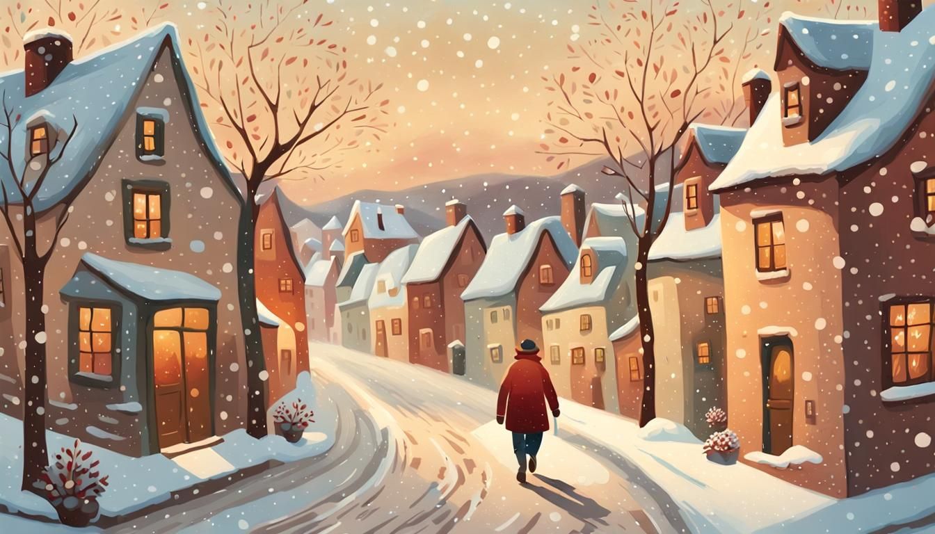 Charming Folk Art Villager in Winter Scene