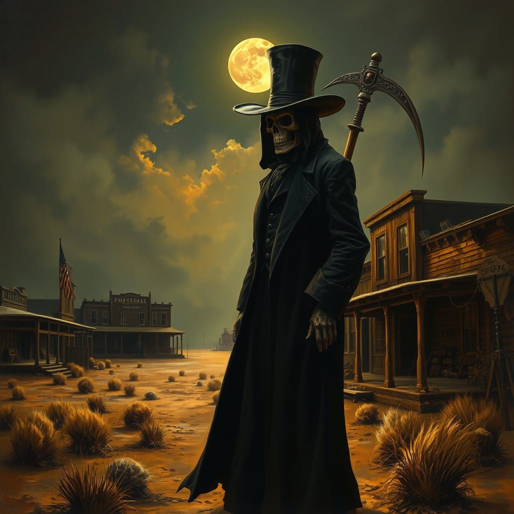 Grim Reaper in Victorian Attire, Frontier Town