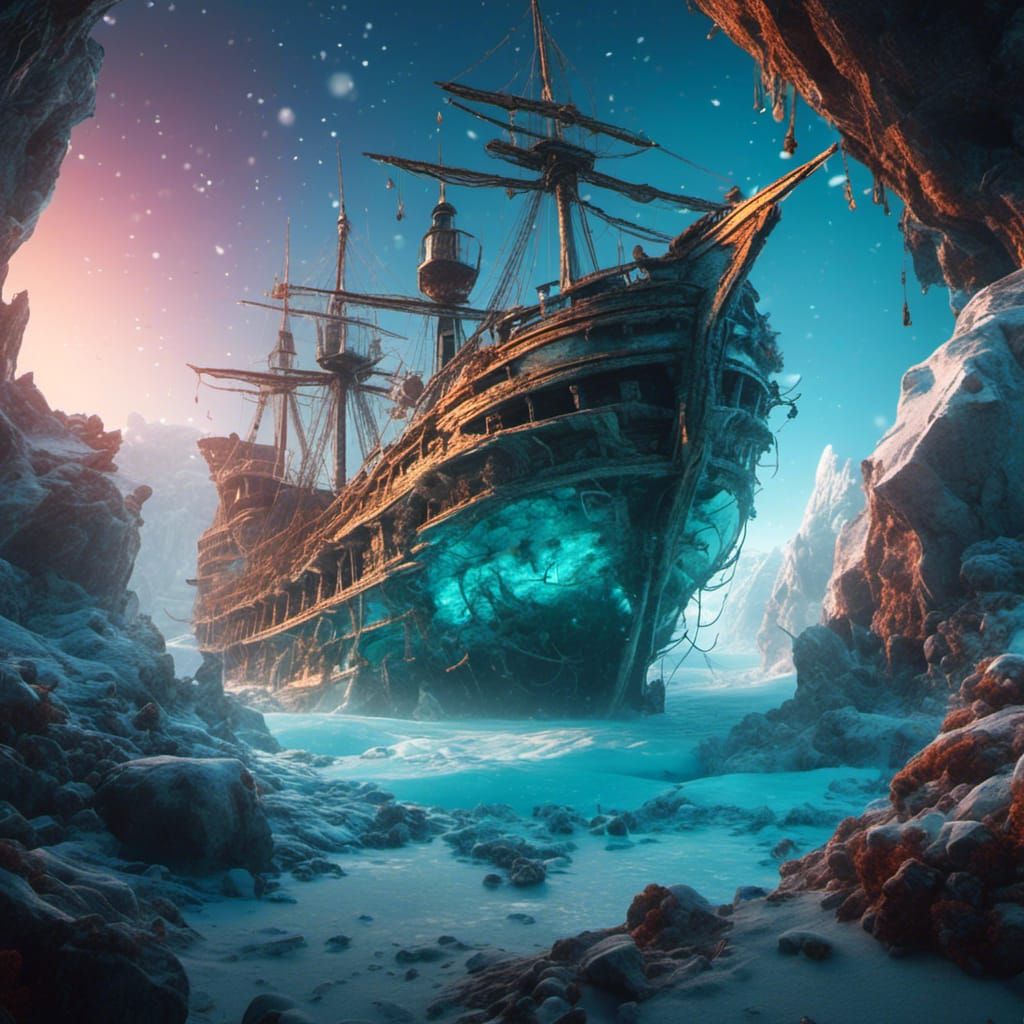 Arctic Shipwreck in Double Exposure with Splashed Colors