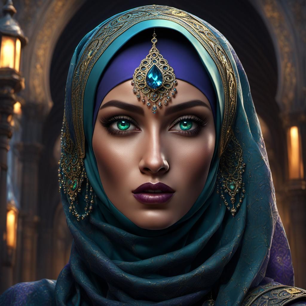 Gothic Hijabi Woman with Jewels, Dark Fantasy Art