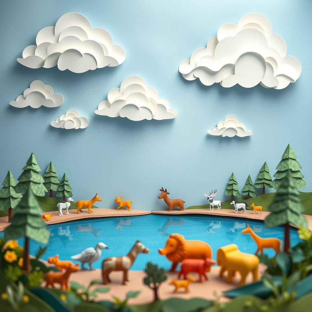 A fantastical scene featuring a serene lake made from smooth...