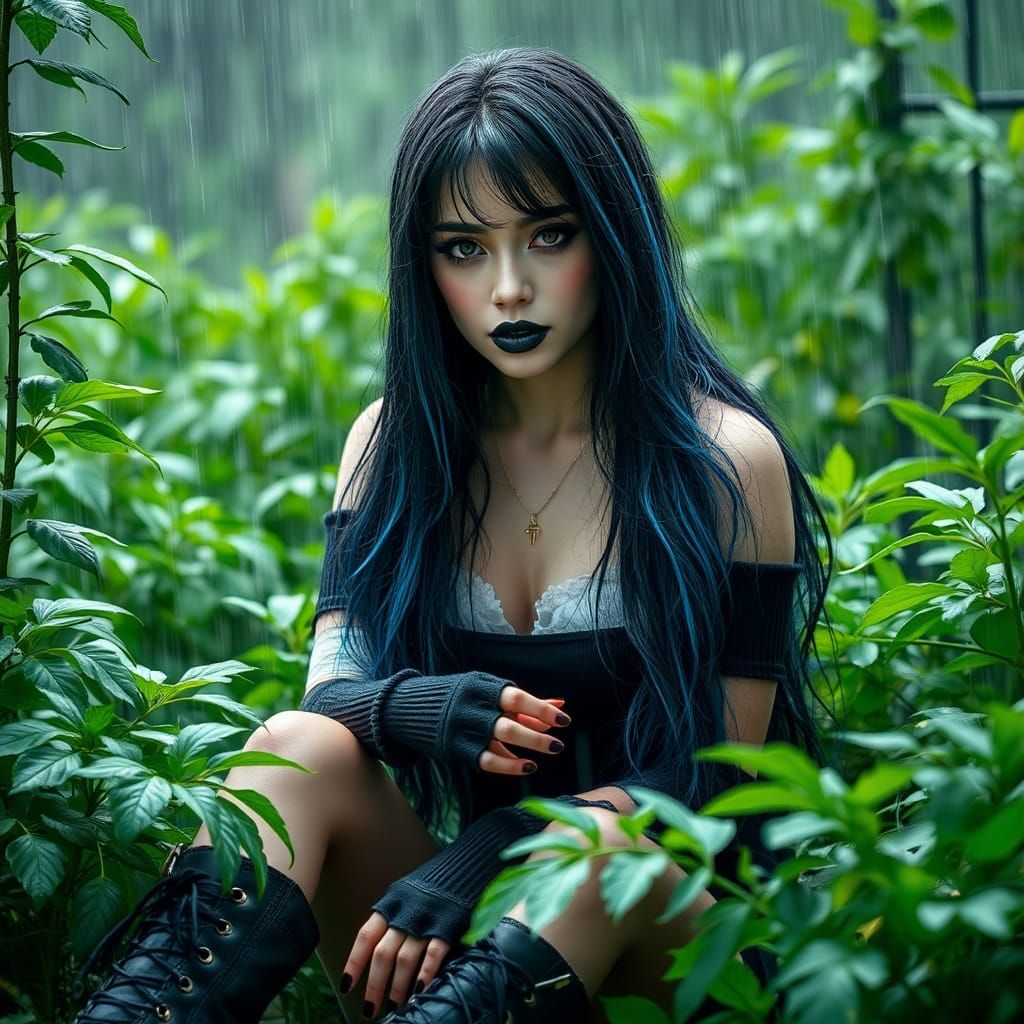 Goth Woman in Rain, Hyper-Realistic Photography