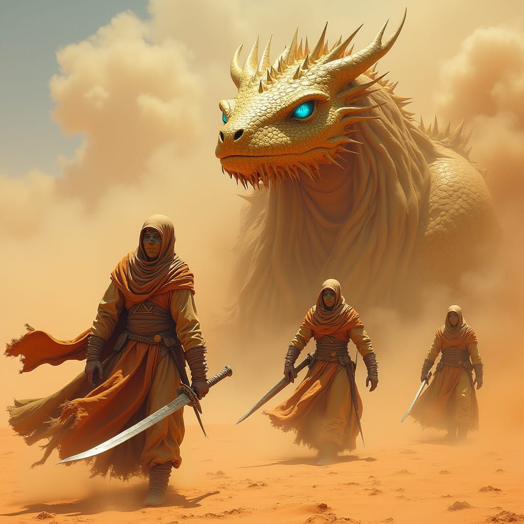 Desert Warriors and Sand Dragon in Dystopian Realism