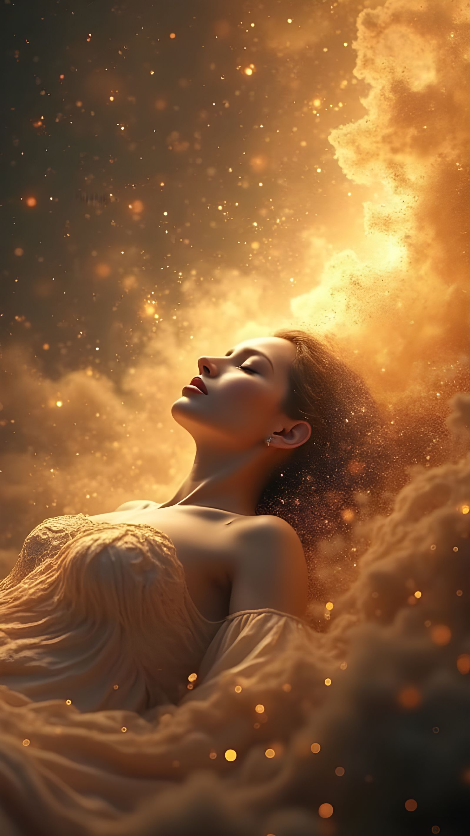 Ethereal Goddess Embracing Cosmic Golden Energy