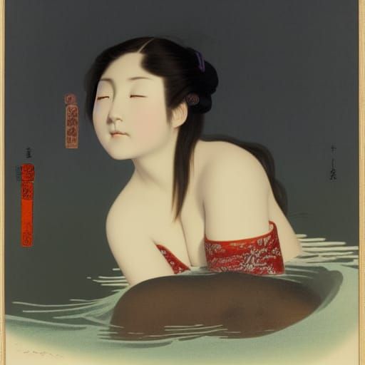 Shy Japanese Vixen Bathing in Winter Portrait