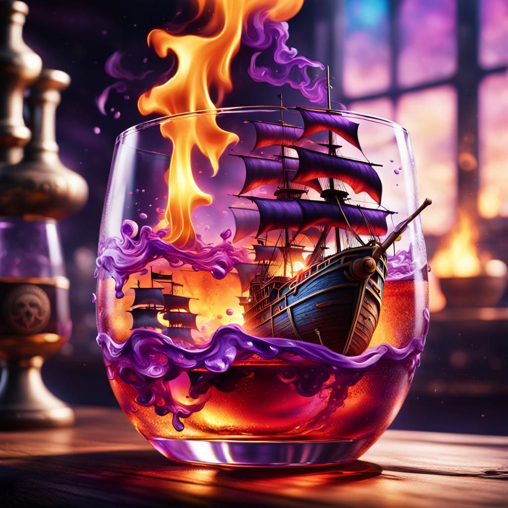 Burning Purple Pirate Rum: Hyperrealistic Splash Art