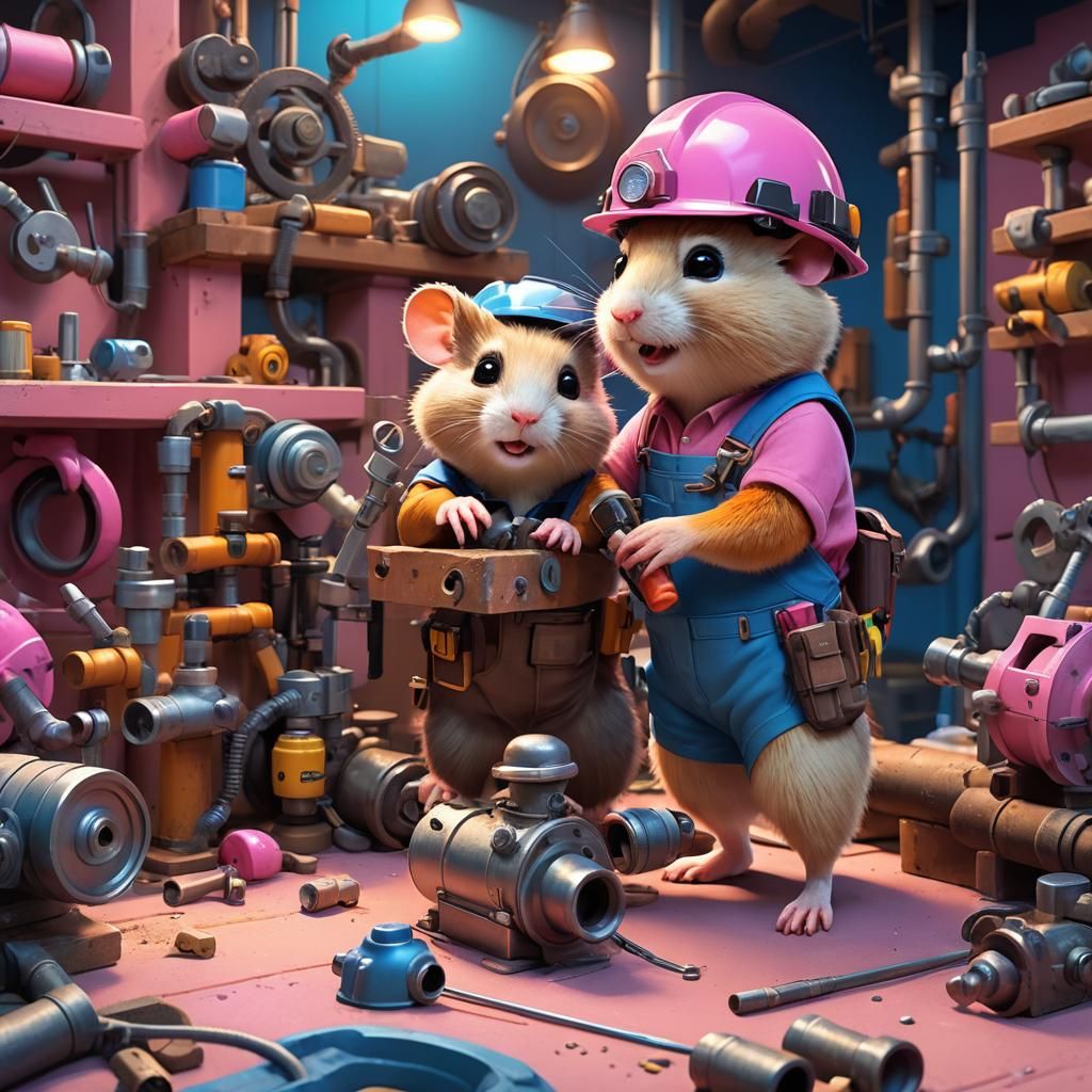 A hamster and a feret working as plumbers