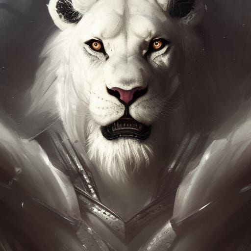 Feral White Lion Warrior in Dark Fantasy Style