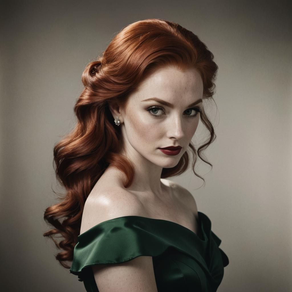 Old Hollywood Glamour: Redhead in Green Satin