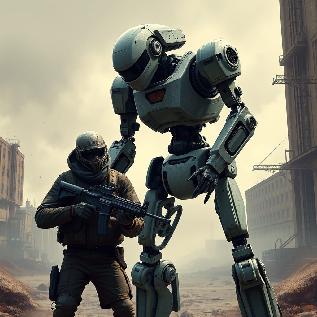 Humanoid Robot Confronts Armed Human in Dark Urban Landscape