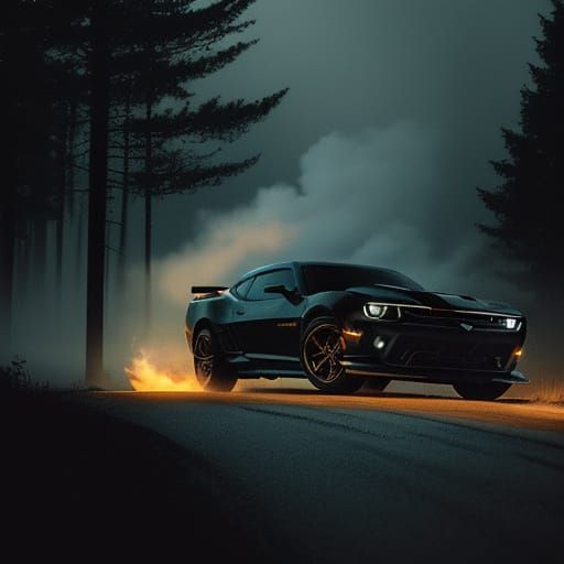 Sleek Black Camaro Drifts Through Misty Forest in Cinematic ...