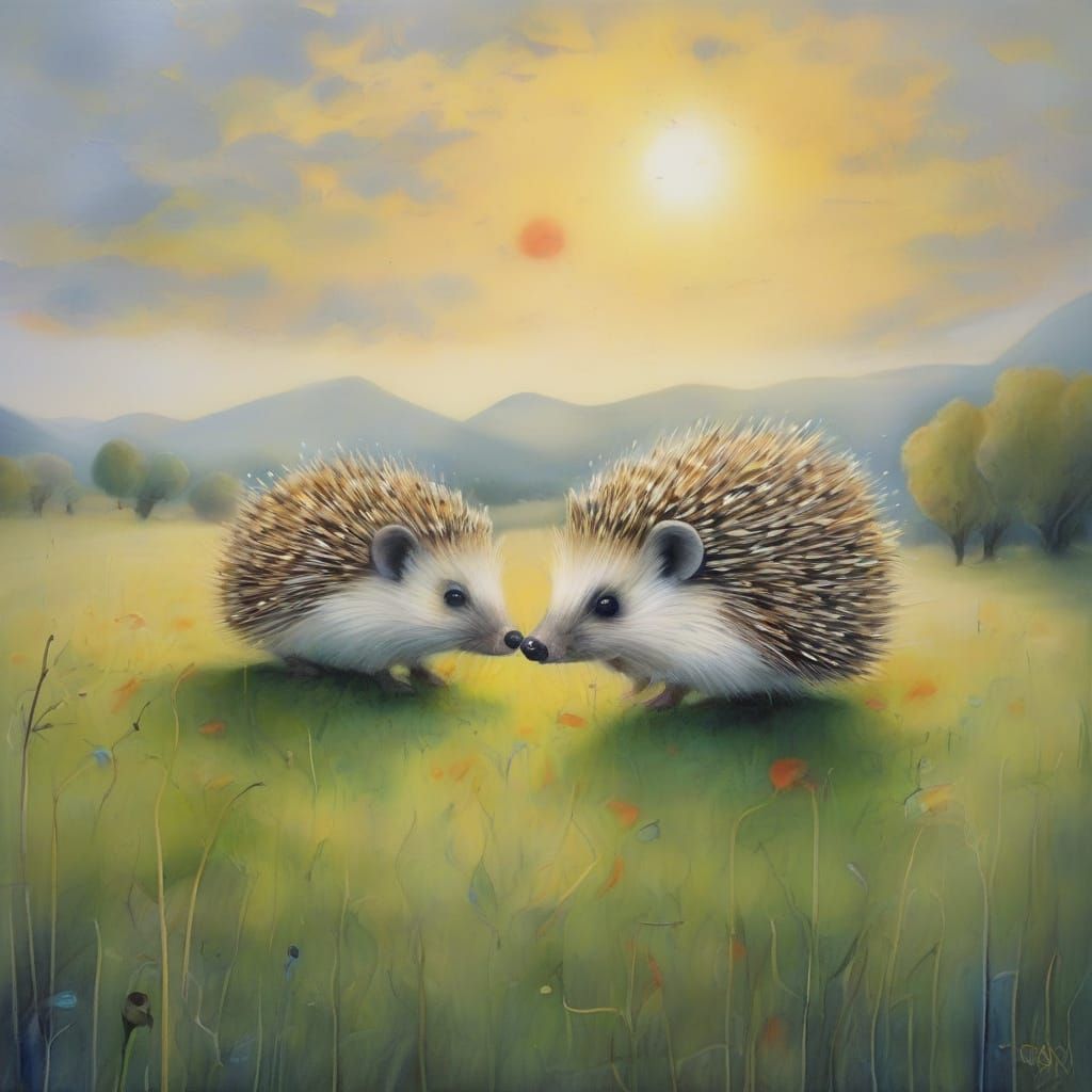 Whimsical Hedgehogs Sing in Misty Fields, Surreal Art