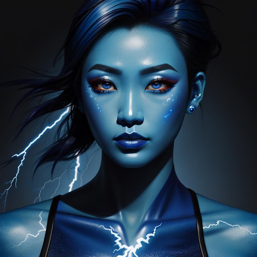 Korean Woman with Blue Hair: Oil Painting