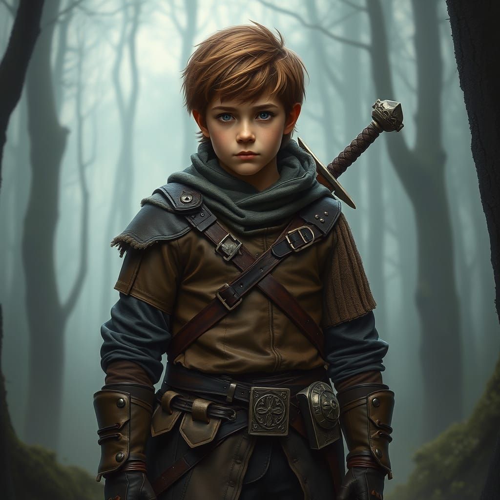 Young Adventurer in Misty Forest, Painterly Style