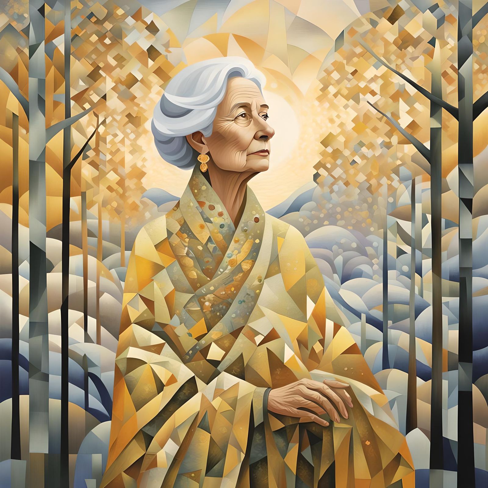 Woman in Silk and Gold, Abstract Cubism Style