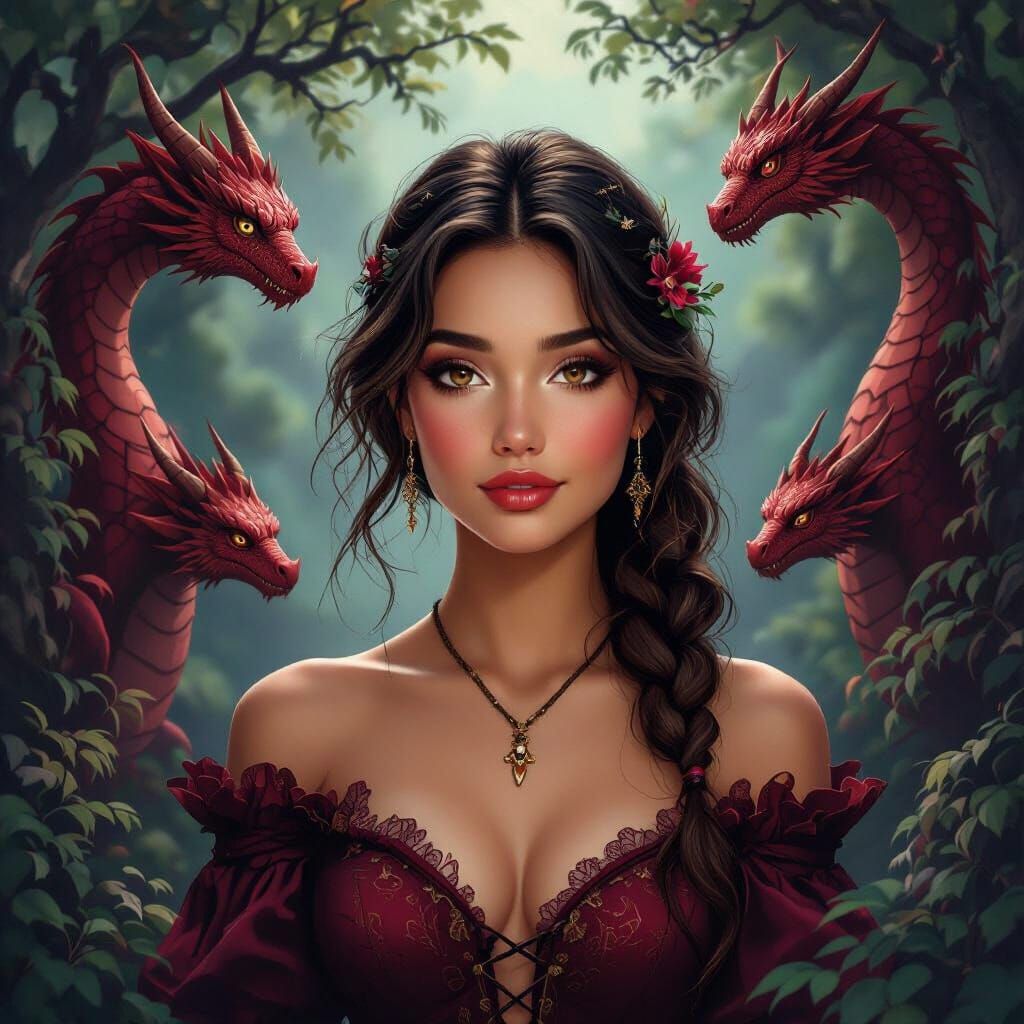Mysterious Woman in Crimson Forest with Dragons