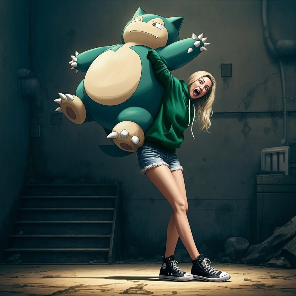 Anime Woman Lifts Munchlax in Green Hoodie
