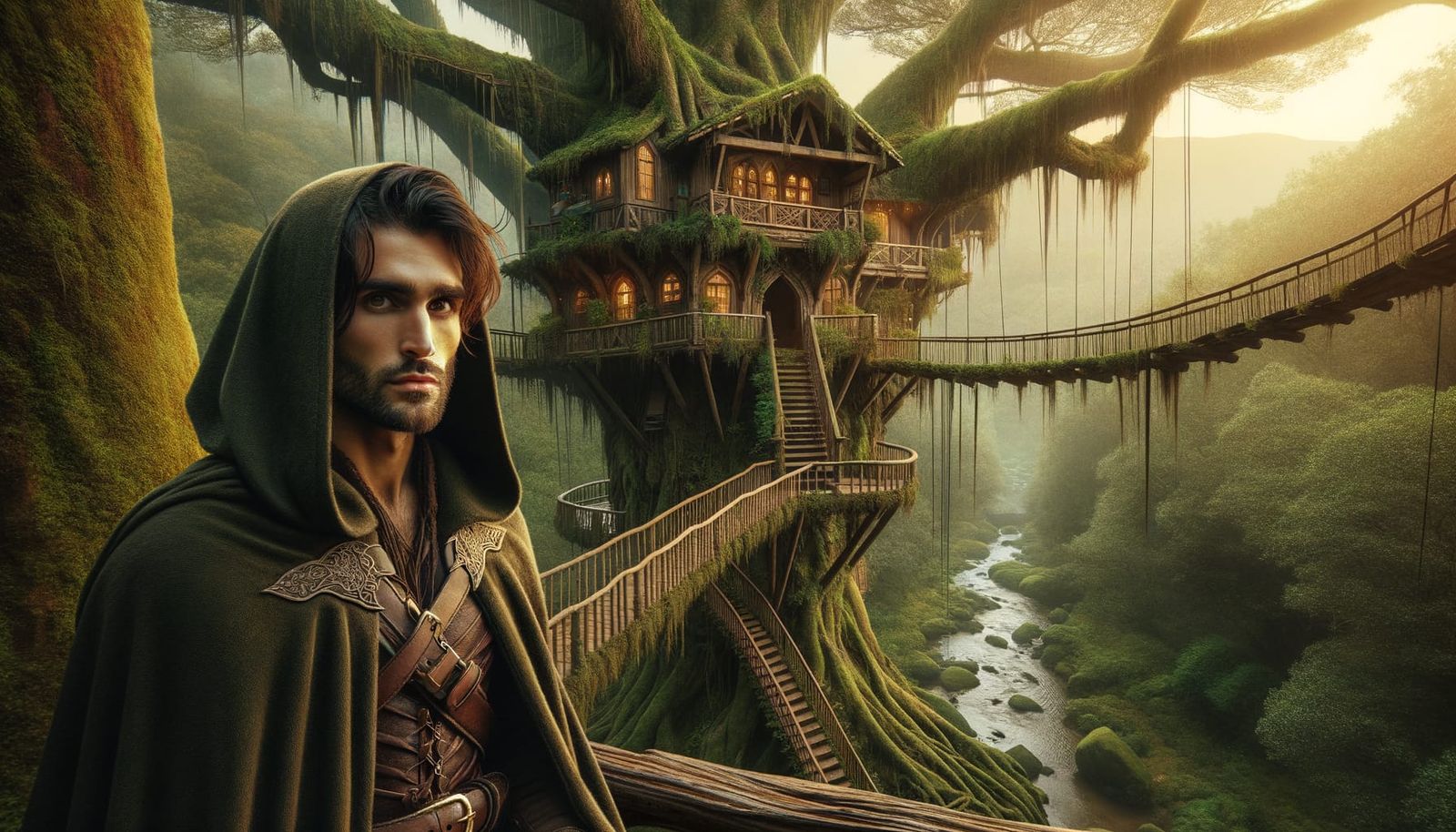 Hyper-Realistic Treehouse Scene with Middle-Eastern Ranger