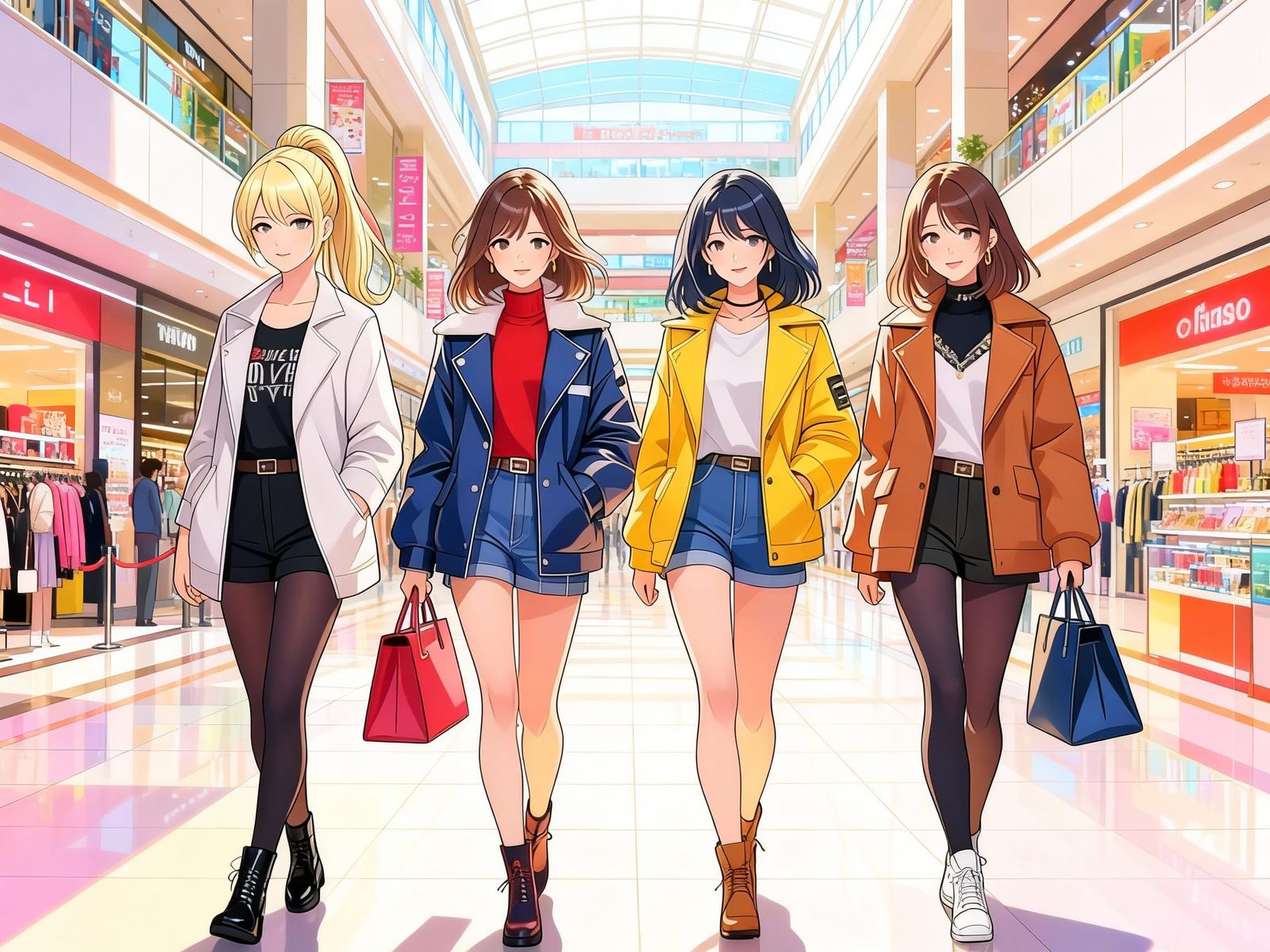 Four Fashion Models in a Mall, Anime Style