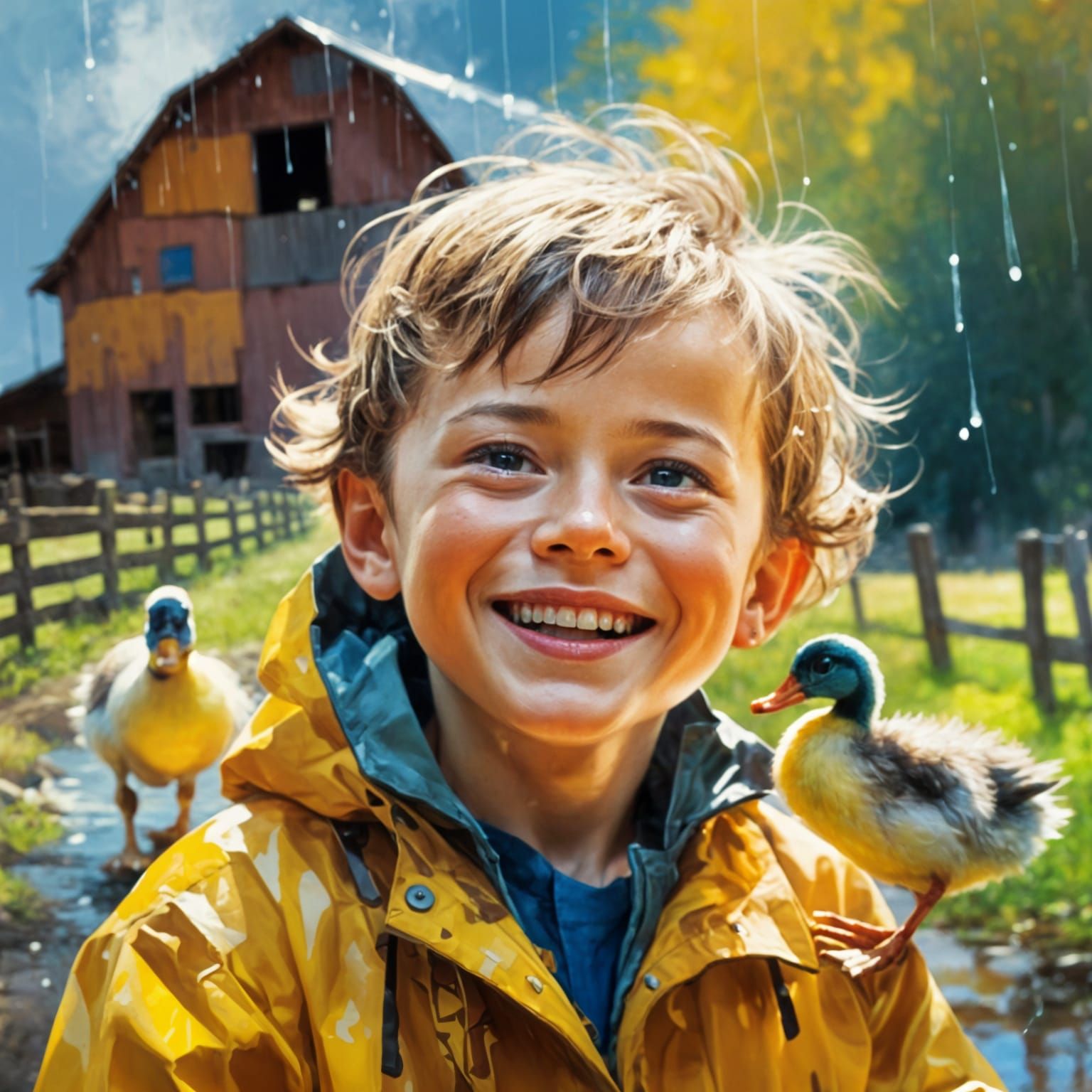 Boy with Ducklings: Oil Painting on Wood