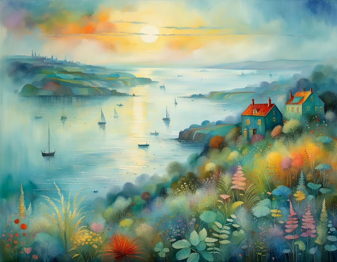Foggy Dawn Seascape in Whimsical Pastel Illustration