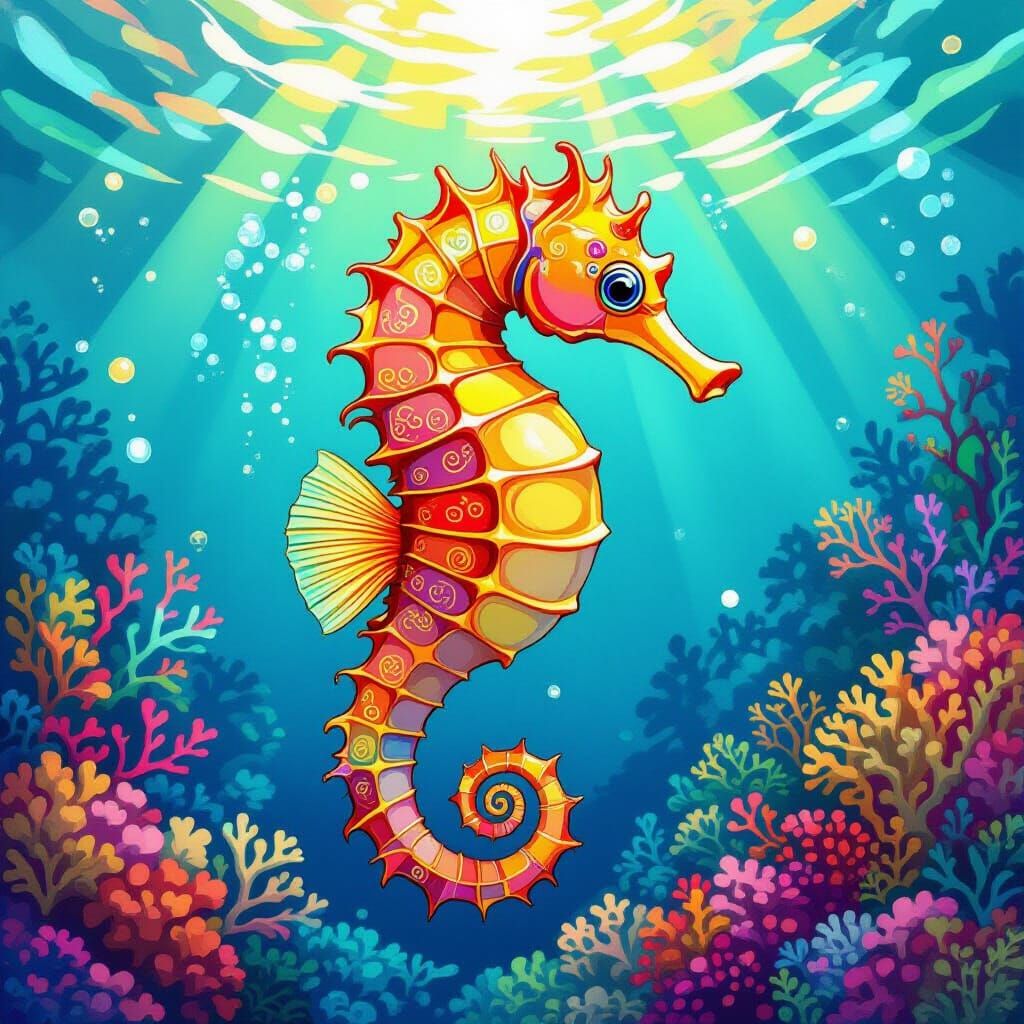 Rainbow Seahorse Swimming in Coral Reef in Art Nouveau Style