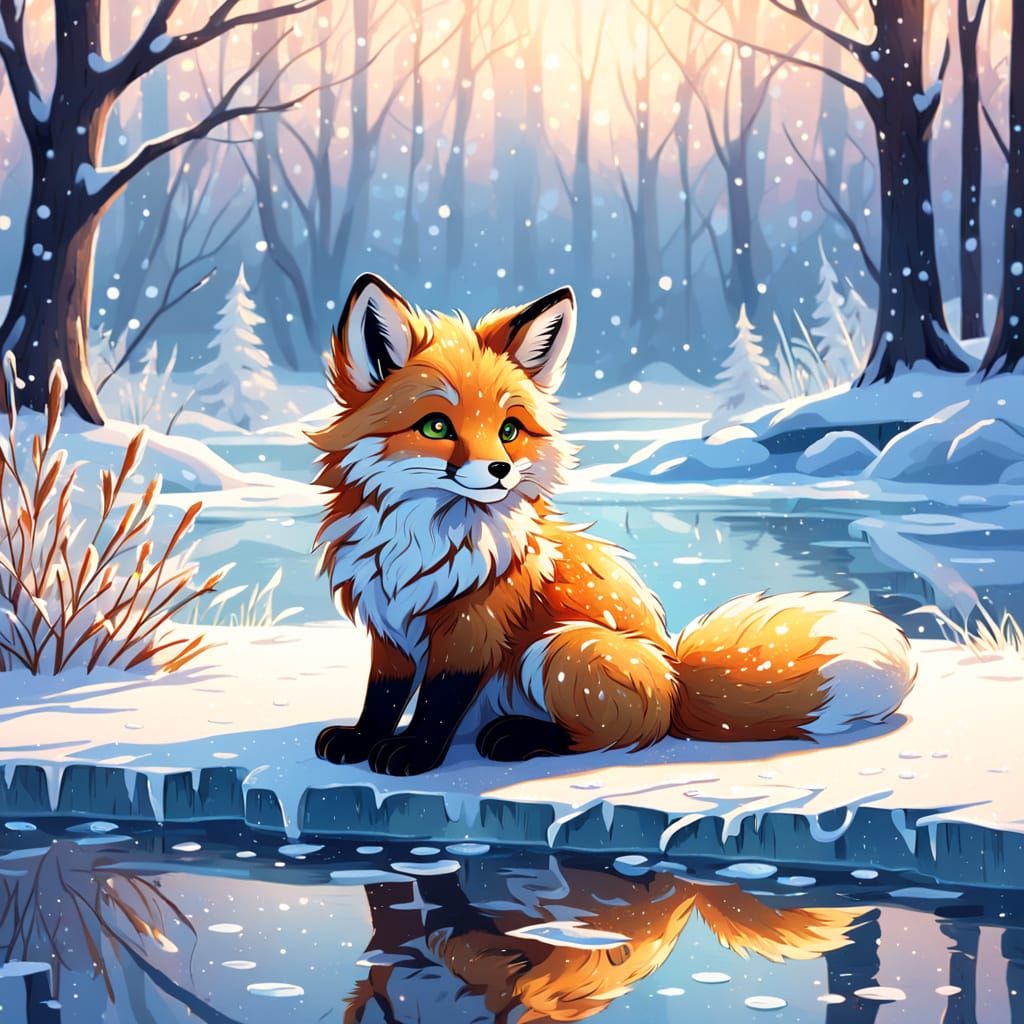 Whimsical Fox Cub in Magical Winter Scene