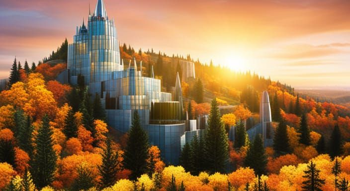 Futuristic Glass Castle in Autumn Forest Valley
