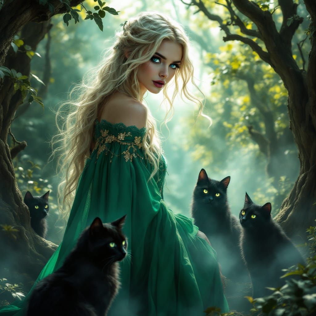 Blonde Witch Summoning Cats in Emerald Forest