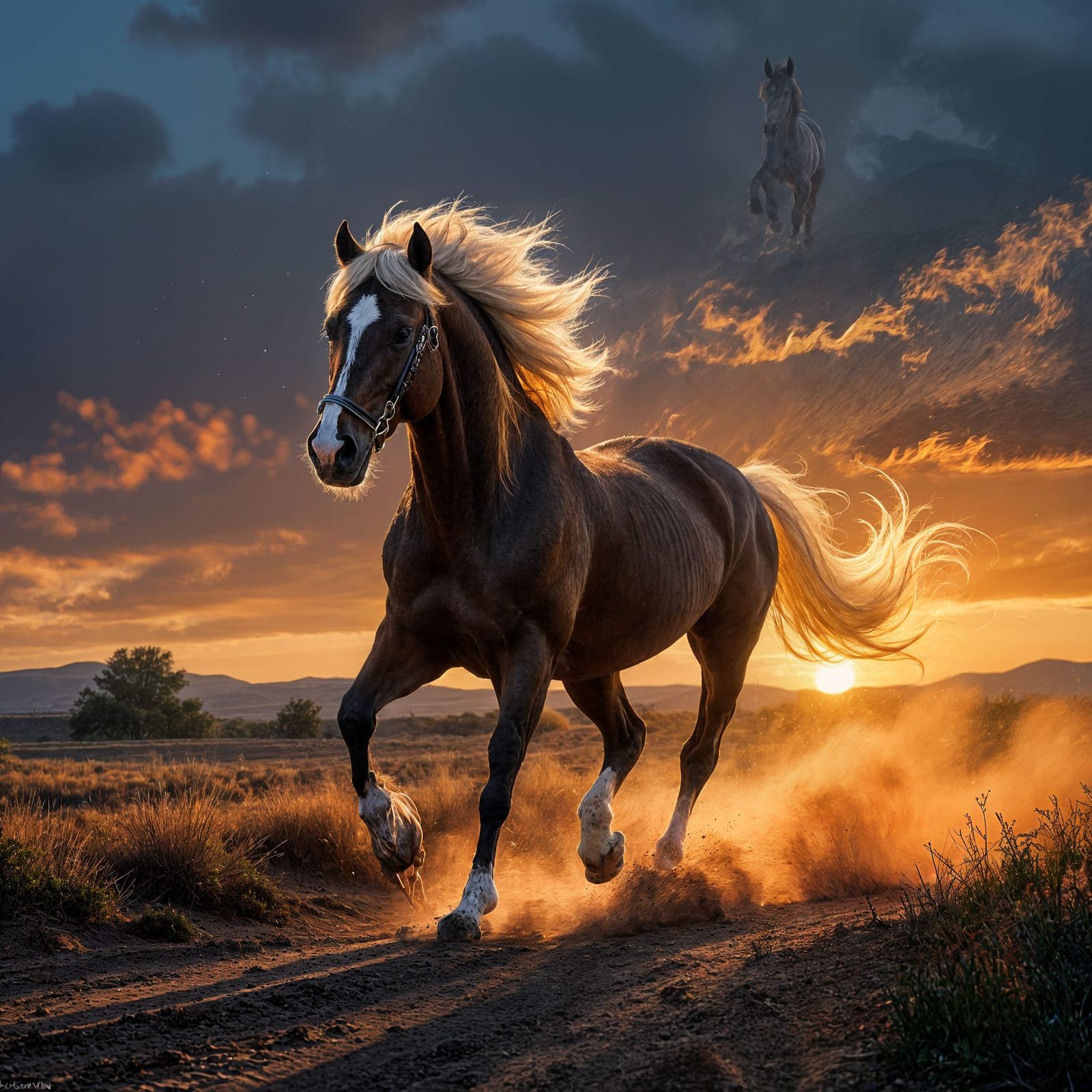 Fiery Horse Gallops on a Dusty Path