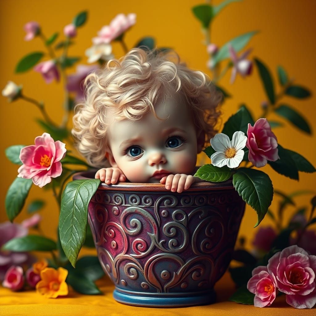 Dreamy Cherubic Baby in Whimsical Flowerpot Scene