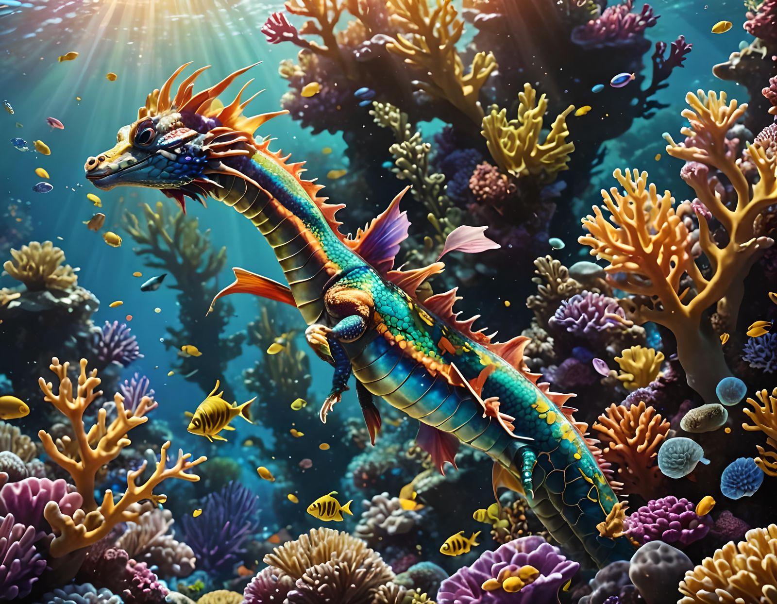 Sea Dragon Swimming in Colorful Coral Reef