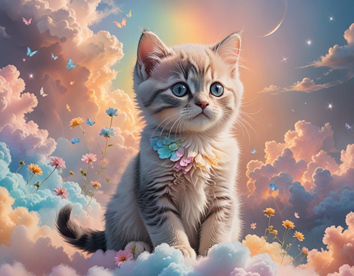 Whimsical Pastel Kitten Surrounded by Rainbow Clouds