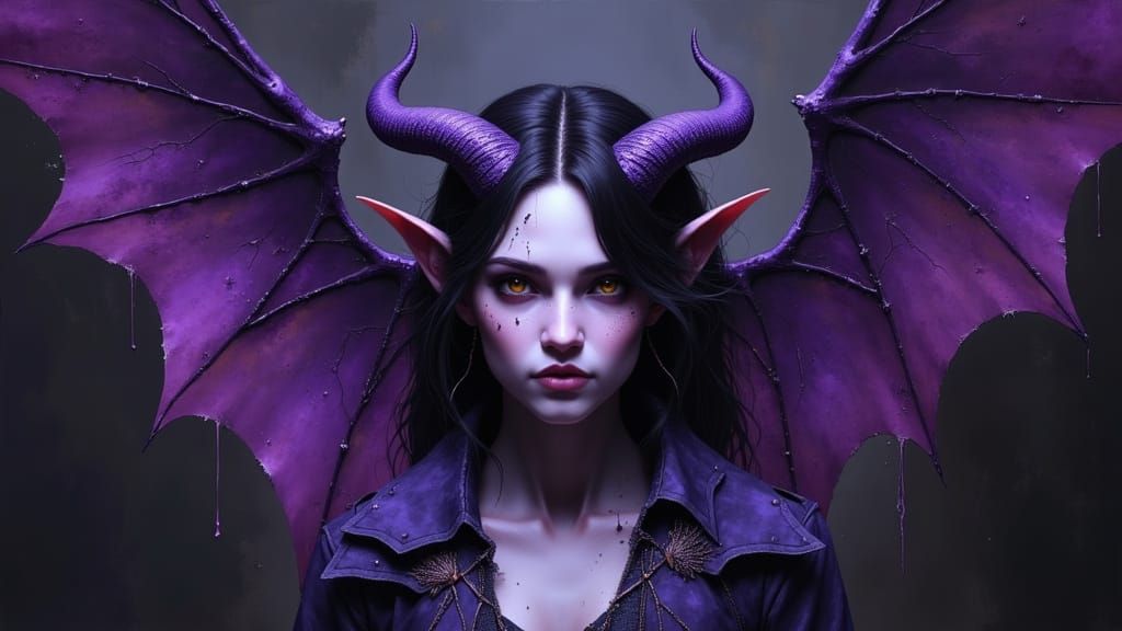 Fantasy Tiefling Painting with Purple Skin and Dark Wings