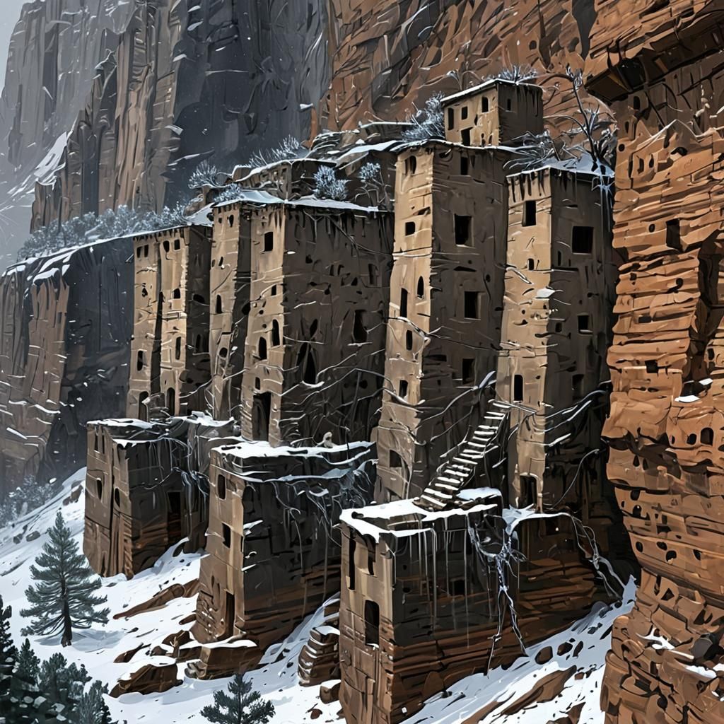 Cliffside Anasazi Ruins in Winter: Digital Sketch