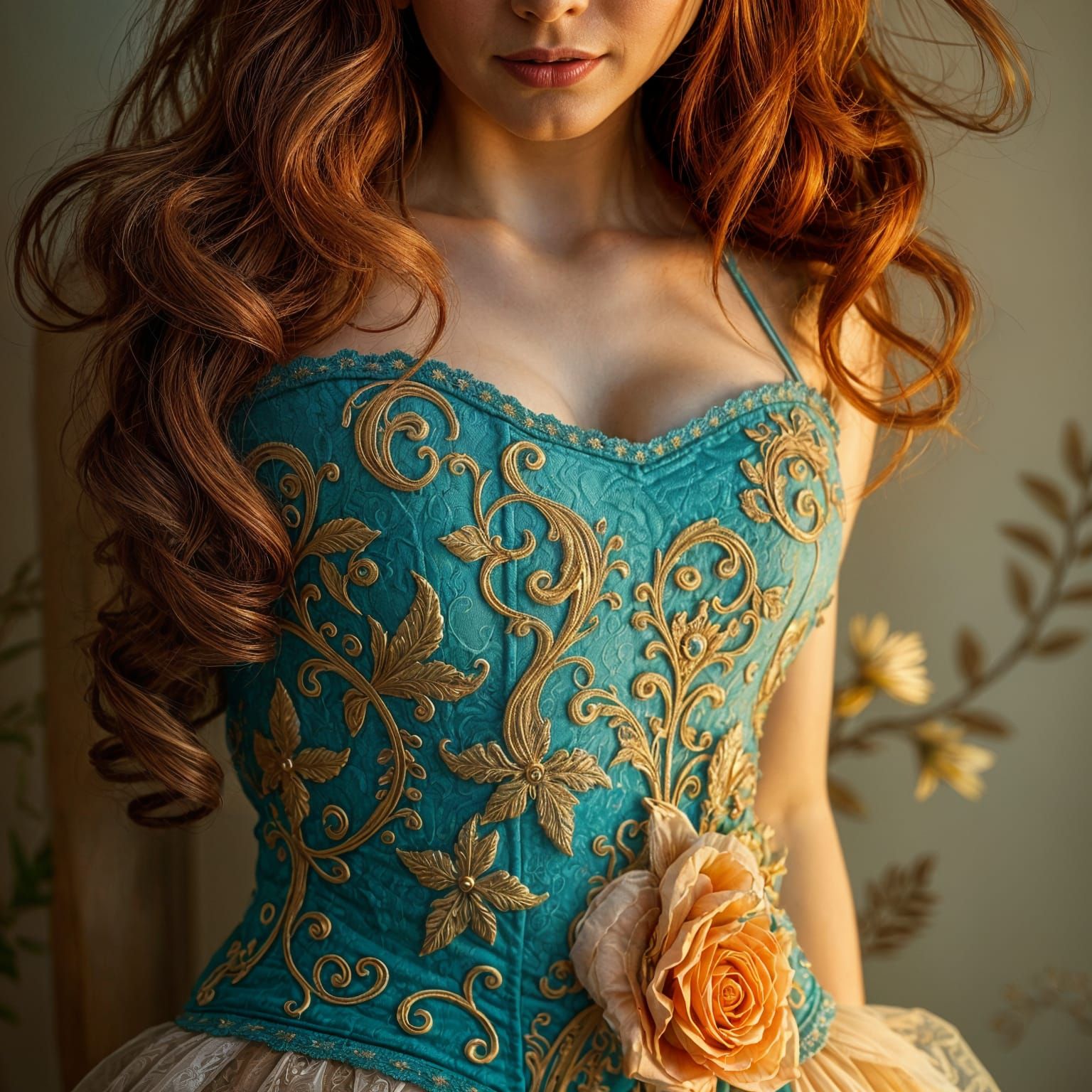 Red-Haired Girl in Turquoise Corset