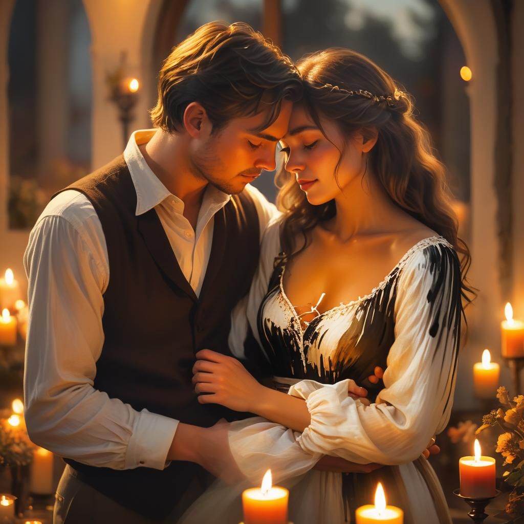 Romantic Couple Embracing in Candlelight: Realism Style